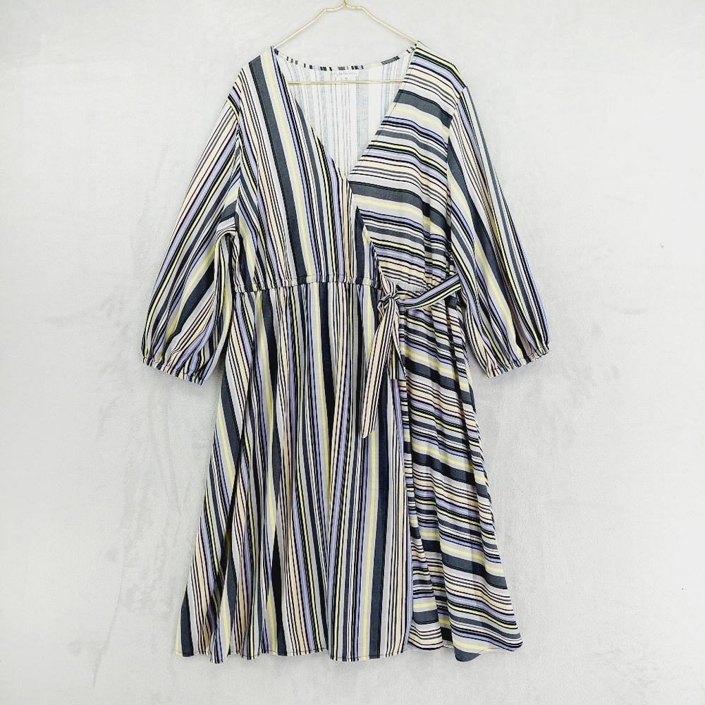 Ophelia Roe Multi Color Striped V-Neck Dress Mock Wrap Midi Dress P3